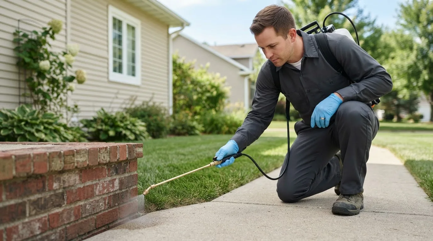Pest control technician treating a home near Waterbury, VT